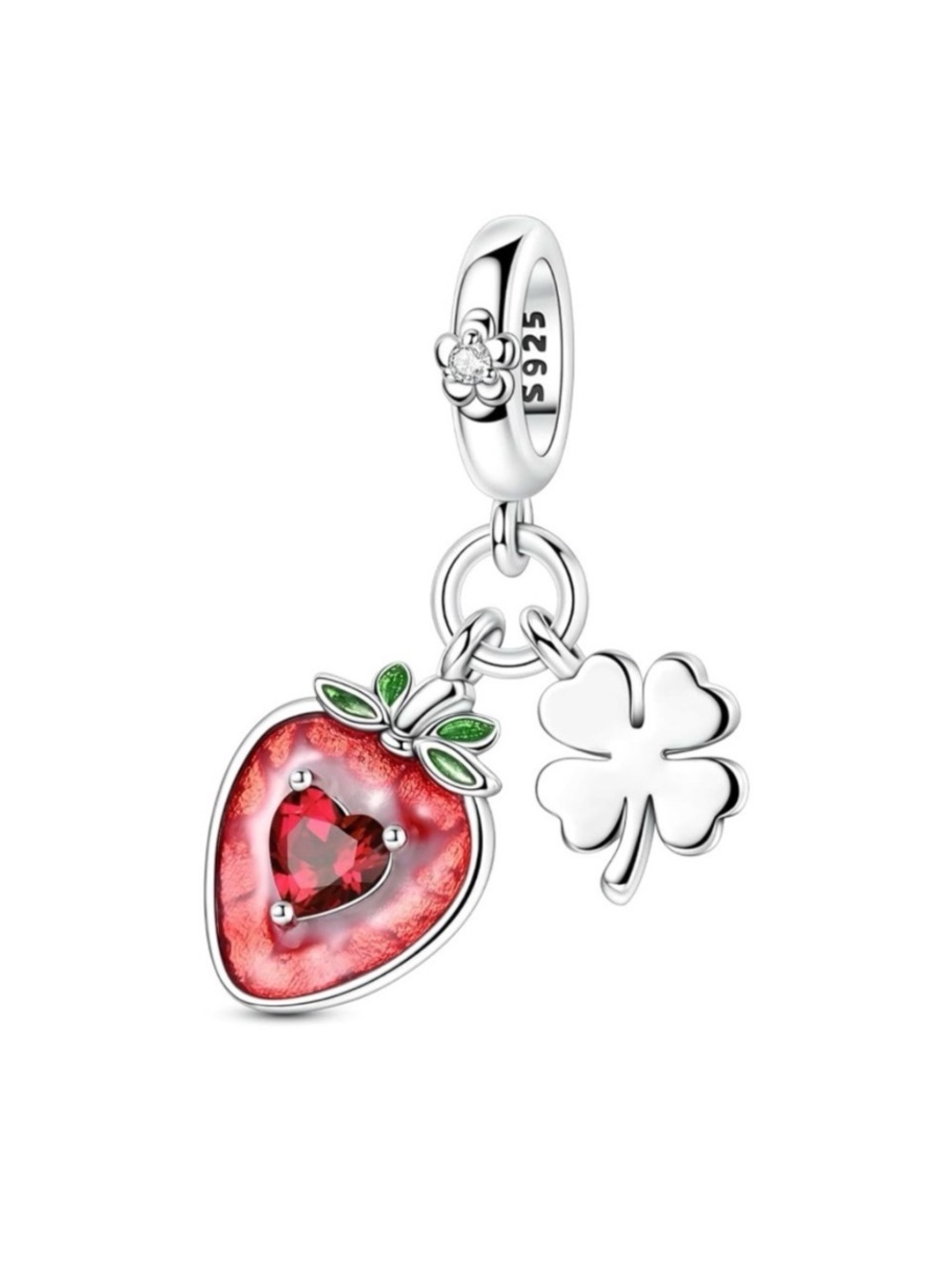 Sterling Silver Red Strawberry & Clover Charm Bracelet Pendant